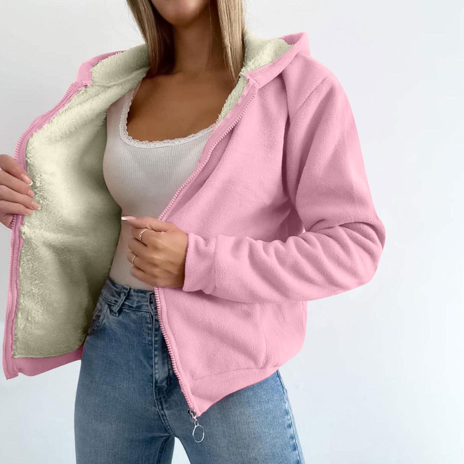 Trendy Sweatshirt Coat Front Pockets Warm Zipper Lamb Wool Jacket Men And Woman Winter Solid Color Plush Lined Cardigan Hoodie