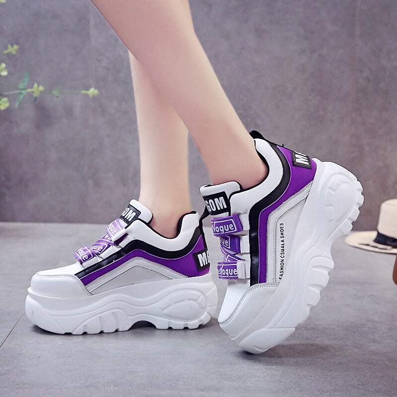 Women's Platform Sneakers - 7cm Heel Height - PU Leather - Lace-Up - Height Increasing Sport Shoes