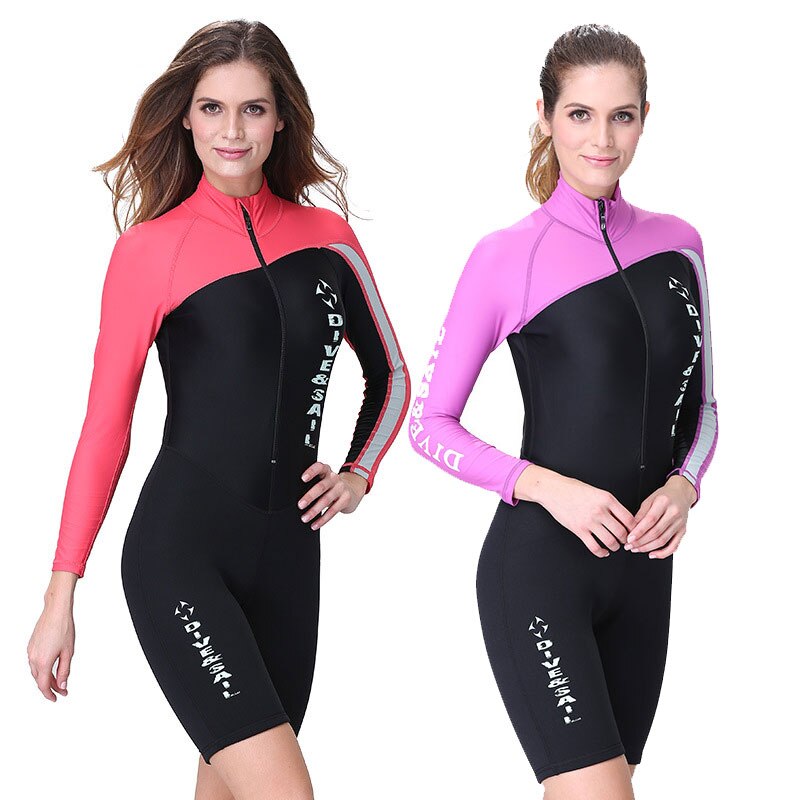 Traje de baño térmico de neopreno + Lycra para mujer, traje de buceo con cremallera frontal, protección UV, manga larga, 1,5mm
