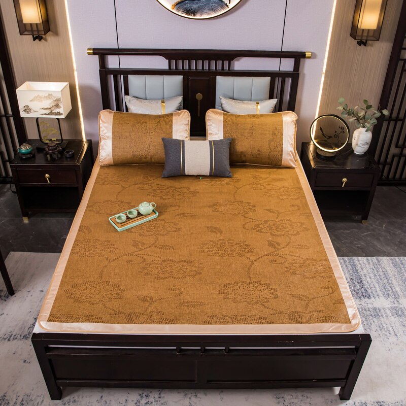 Juego de sábanas ajustadas con rejilla, alfombra moderna de ratán/paja de café, colcha de fibra de celulosa regenerada para dormir, para verano,: penoy flower / Cama de 1,2 m (4 pies)