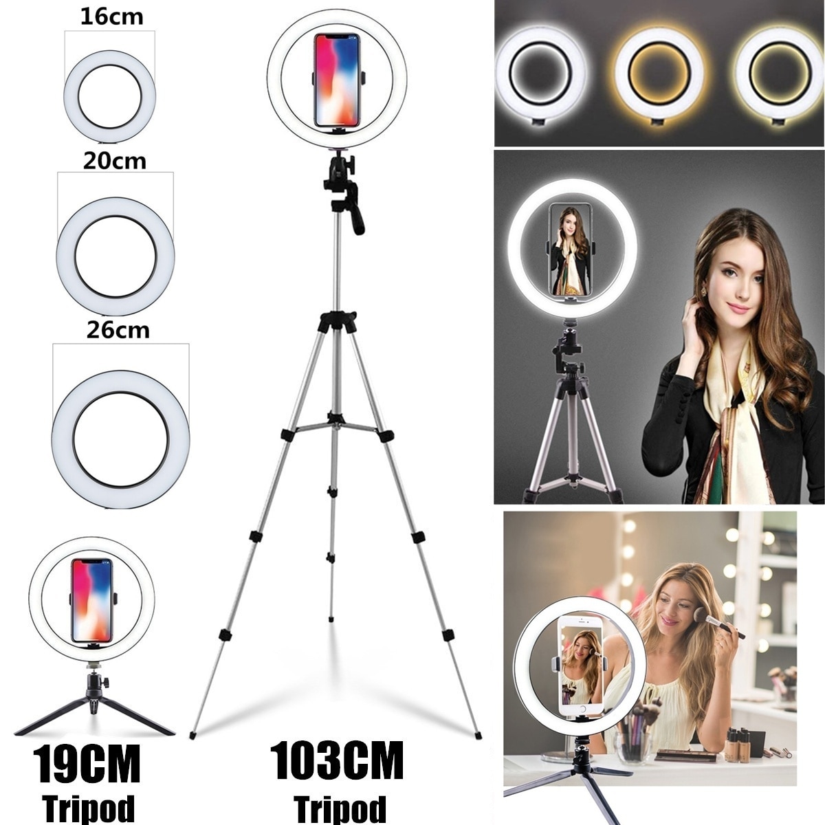 16cm/20cm/26cm rengasvalo himmennettävä kamera valokuvastudio puhelin video led kauneusvalokuvaus rengaslamppu 19/103 cm kolmijalka