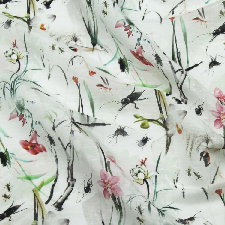 Animal and plant insects print silk linen blended fabric 14momme,SLN159