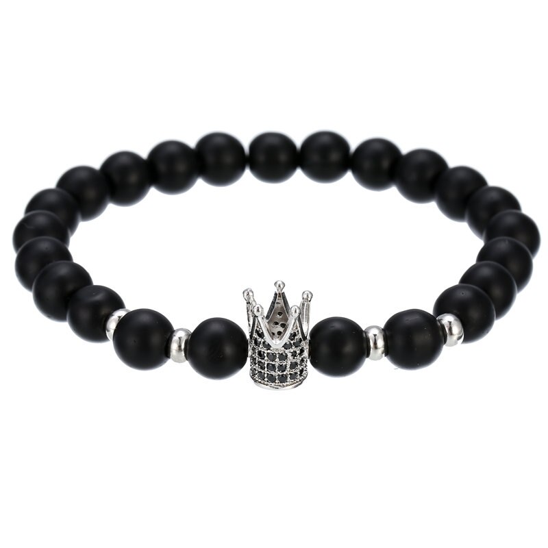 Pulsera de cobre hecha a mano para hombre y mujer, Micro CZ King crown, cuentas elásticas de 8mm, brazalete de joyería,: BA-011S