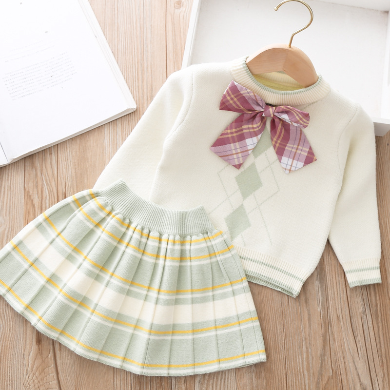 Falda corta a cuadros con lazo para niñas, ropa de invierno para niños pequeños, suéteres de invierno, suéter para niños pequeños, ropa de otoño, 2022: Green / 1T