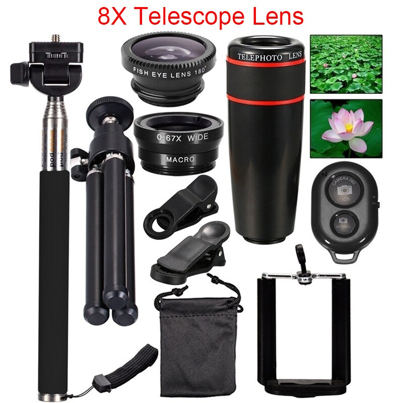 10 in 1 Mobile Phone Camera Lens Kit 12/8X Zoom Telephoto Lens Fish Eye Wide Angle Macro Lens With Selfie Stick Tripod Bluetooth: Black- 8X Lens