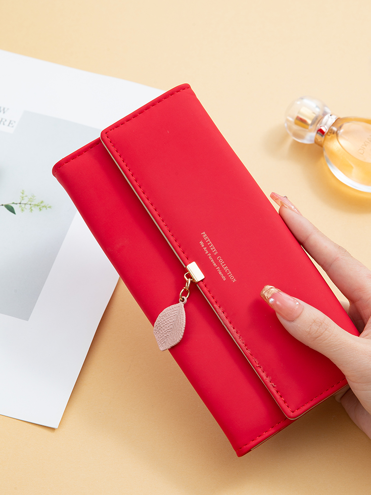 spring and summer women's PU leather Japanese and South Korea small fresh leaf pendant three fold bag large capa: Red