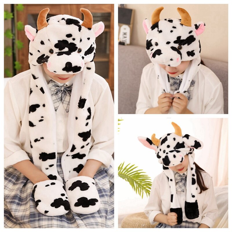 Plush Animal Hat Cow Ear Moving Jumping Hats Soft Warm Winter Headwear For Kids Girl Boy Cosplay Christmas Party Hat
