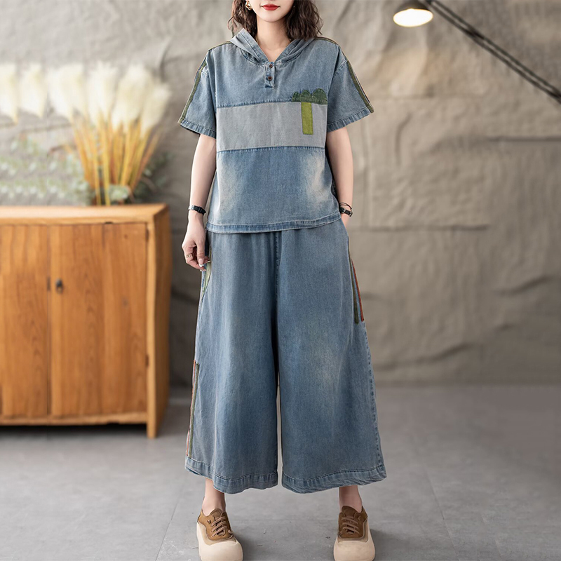 masse wass sommerantrekk dame trenings denim 2- delt sett kommode løse hettegensere årgang jeans avslappet vide bukser: Blå