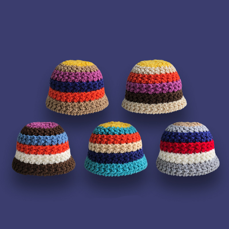 2022 Zomer Mode Regenboog Gestreepte Pot Hoed Japanse Bell-Vormige Hoeden Vrouwen Gehaakte Outdoor Opvouwbare Strand Cap Zomer Gorras