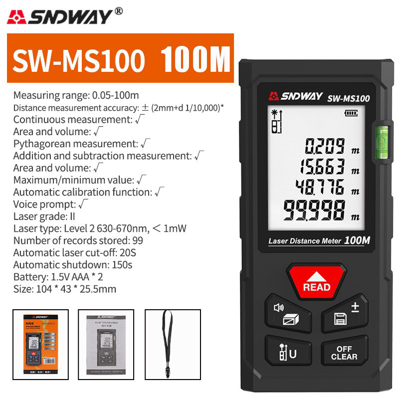 SNDWAY Misuratore di distanza laser SW MS50 MS70 MS100 Telemetro digitale Strumento di misurazione laser Telemetro professionale Misuratore laser: Grigio scuro