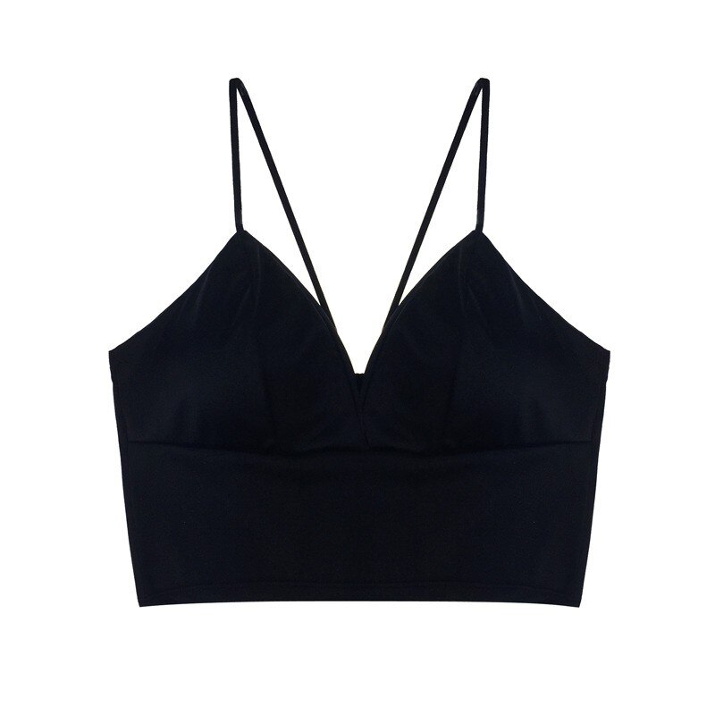 Tops cortos de satén Sexy para mujer, Bralette inalámbrico de ganchillo, Camiseta con tirantes finos para mujer, camiseta recortada con camisola acolchada en el pecho: B