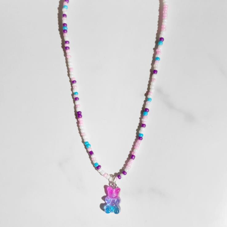 Collier de perles rondes colorées pour femmes, style bohème, mignon, dégradé arc-en-ciel, pendentif ours en résine, à la , bijoux pour filles: rose blue