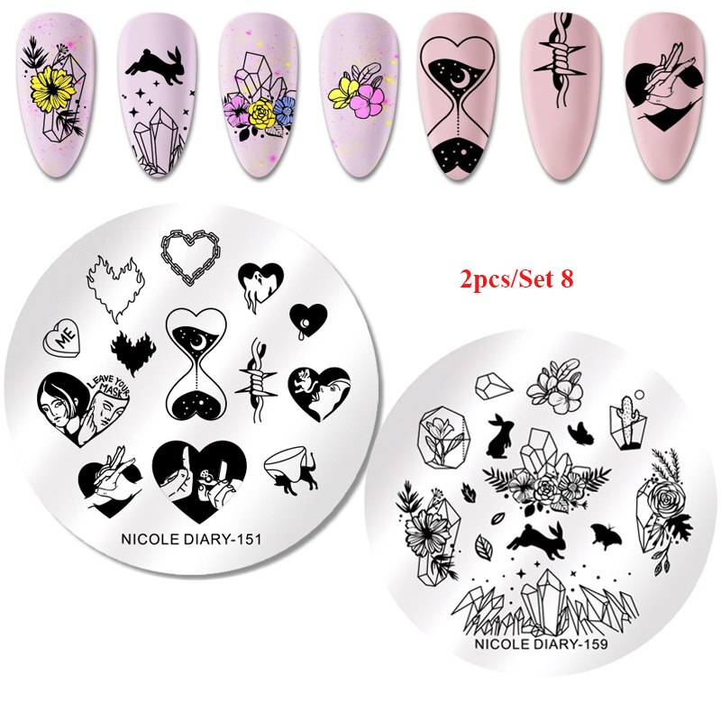 2Pcs Nicole Dagboek Nail Stempelen Platen Lente Bloem Rechthoek Rvs Nail Image Stencils Stempelen Template Tool: 2pcs set 8