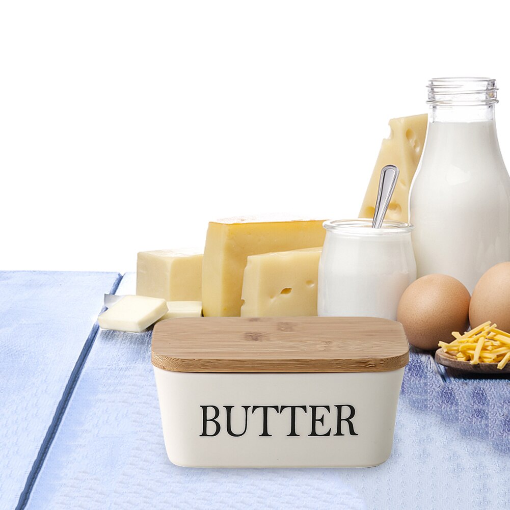 Nordic Butter Sealing Box,Ceramic Butter Plate with Wood Lid and Knife,Cheese Storage Tray Butter Dish Container Box, White