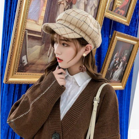 Falll Winter Plaid Wool Newsboy Hat for Women Octagonal Newsboy Cap Ladies French Disigner Hat Casual Hat Girls Painter Cap: 5
