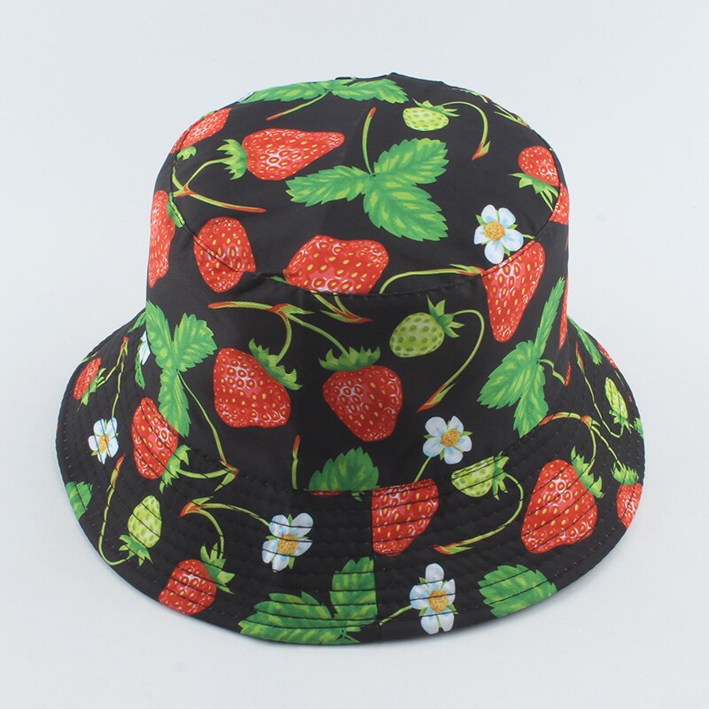 2022 Fruit Bucket Hats Cool Outdoor Cotton Summer Fisherman Hat Fishing Caps: strawberry black