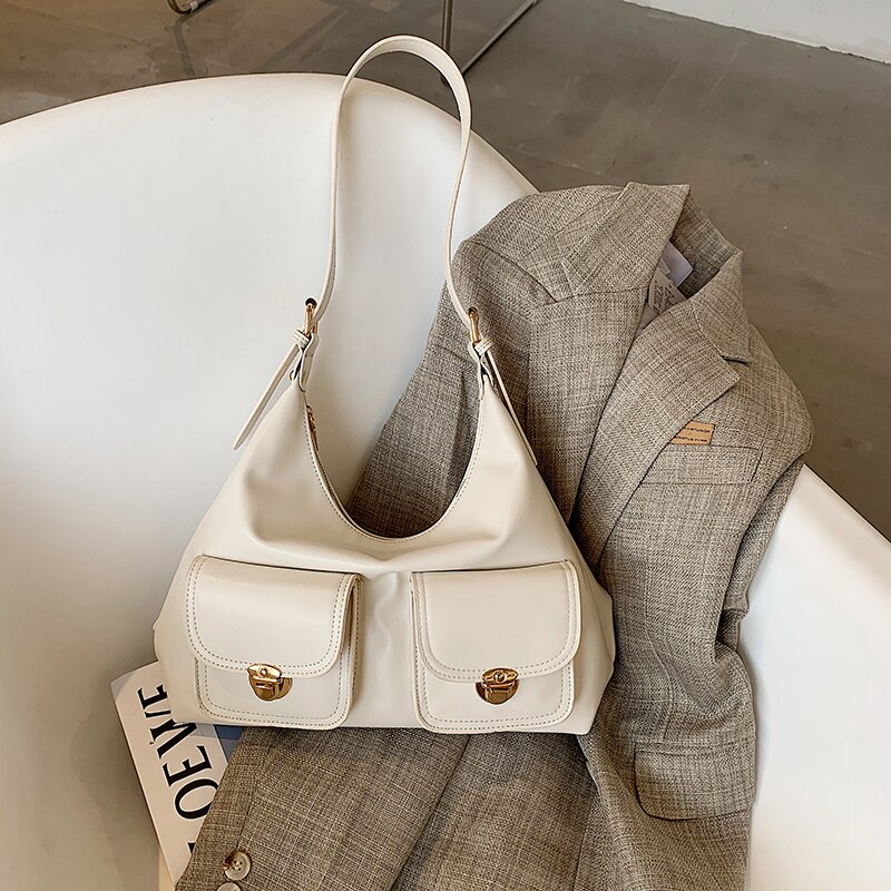 Bolso pequeño Hobo de piel negra para mujer, bandolera de hombro con múltiples bolsillos, Color puro, de de , populares,: White