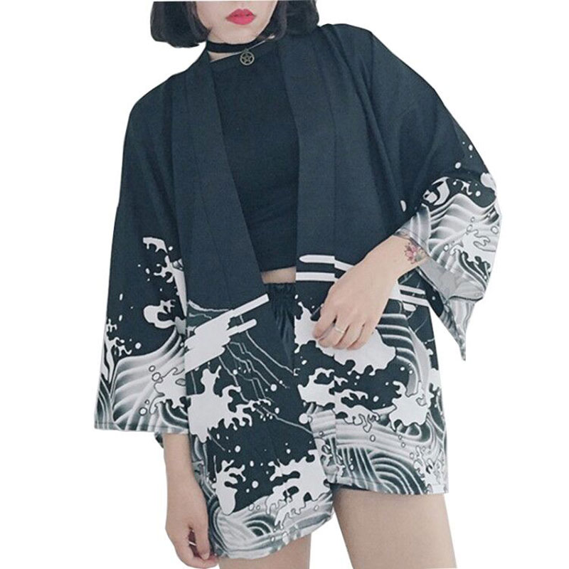 Bella philosophie japon style imprimé vintage Harajuku Style Blouse vagues et vent Dragon chemises japonais manches chauve-souris kimono