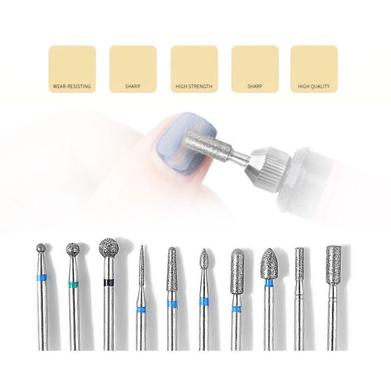 10pcs/S Rotary Diamond Burr Cutter Nail Drill Sets Stainless Steel Milling Manicure for Electric Nail Art Machine Bit