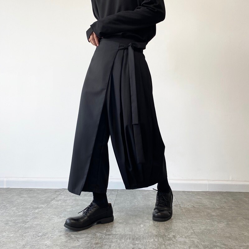 Jupe-culotte style Harajuku pour homme, Streetwear, tendance, ample, décontracté, noir, jambes larges, Kimono