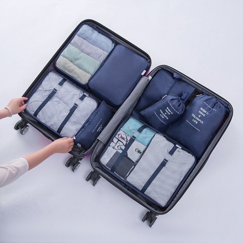 Neue 8 teile/satz Reise Veranstalter Taschen Für Kleidung Verpackung Organisatoren Klar Mesh Taschen Koffer Gepäck Tasche In Tasche: Navy blue