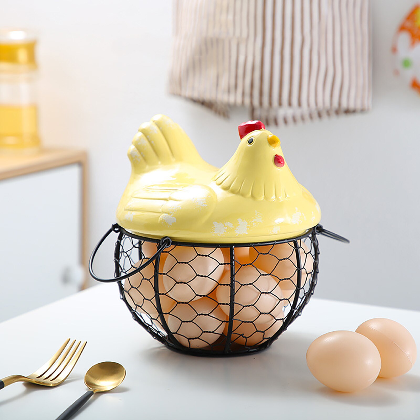 Ceramic Egg Holder Chicken Wire Egg Basket Fruit Basket Collection Ceramic Hen Oraments Decoration Kitchen Storage #T2G