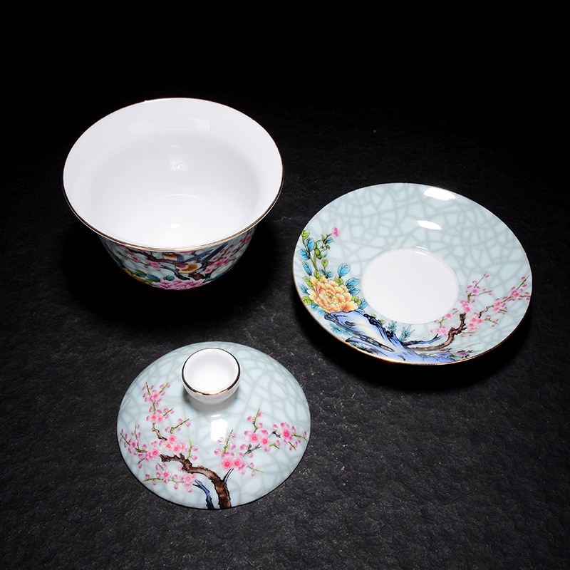 190 Ml Jingdezhen Gaiwan Keramische Porselein Bloem Vogel Patroon Art Thee Kom Met Schotel Deksel Kit Master Thee Terrine Drinkware