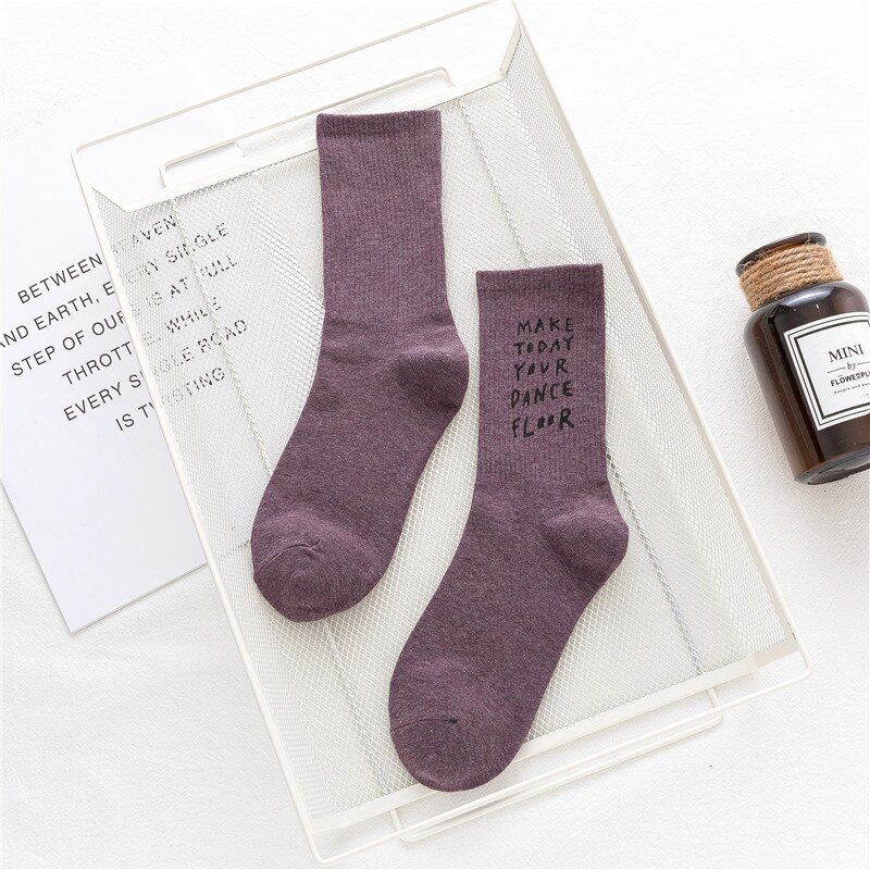 20 spring and autumn pure cotton women's middle tube socks high top letter stamping personality street style women's s: purple