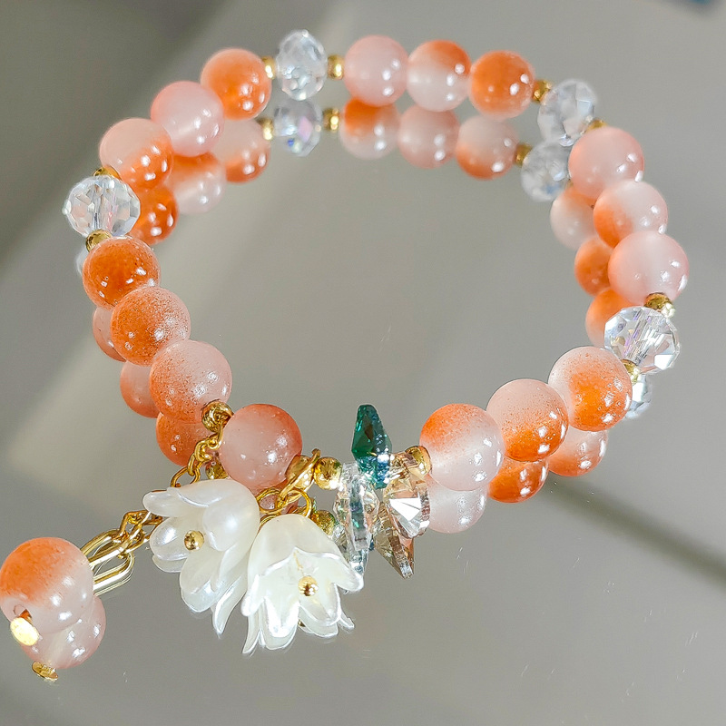 Bonita pulsera de cuentas de cristal verde para mujer, pulsera elástica ajustable con dije de flor de Lily Valley, joyería de cumpleaños y boda: Rojo óxido