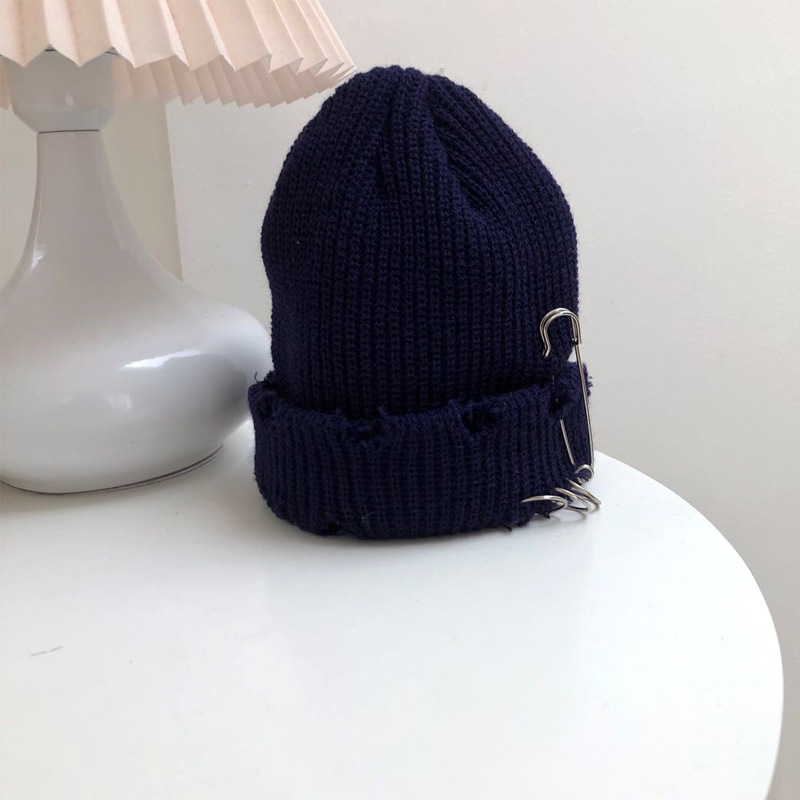 Hole Knitted Hat Doudou Guapi Hat Needle Circle Decoration Personality Hole Hat Solid Color Hip Hop Couple Hat: Navy Blue