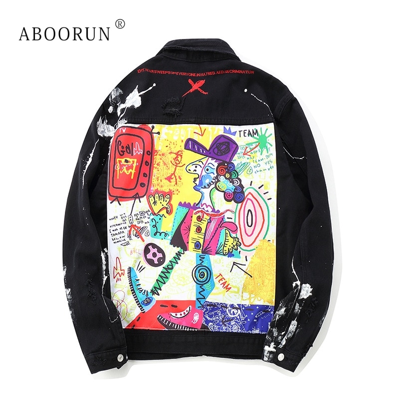 Aboorun mænds hip hop denimjakker overdimensionerede graffiti malede jeansjakker mand mærke revet frakke streetwear  x1282