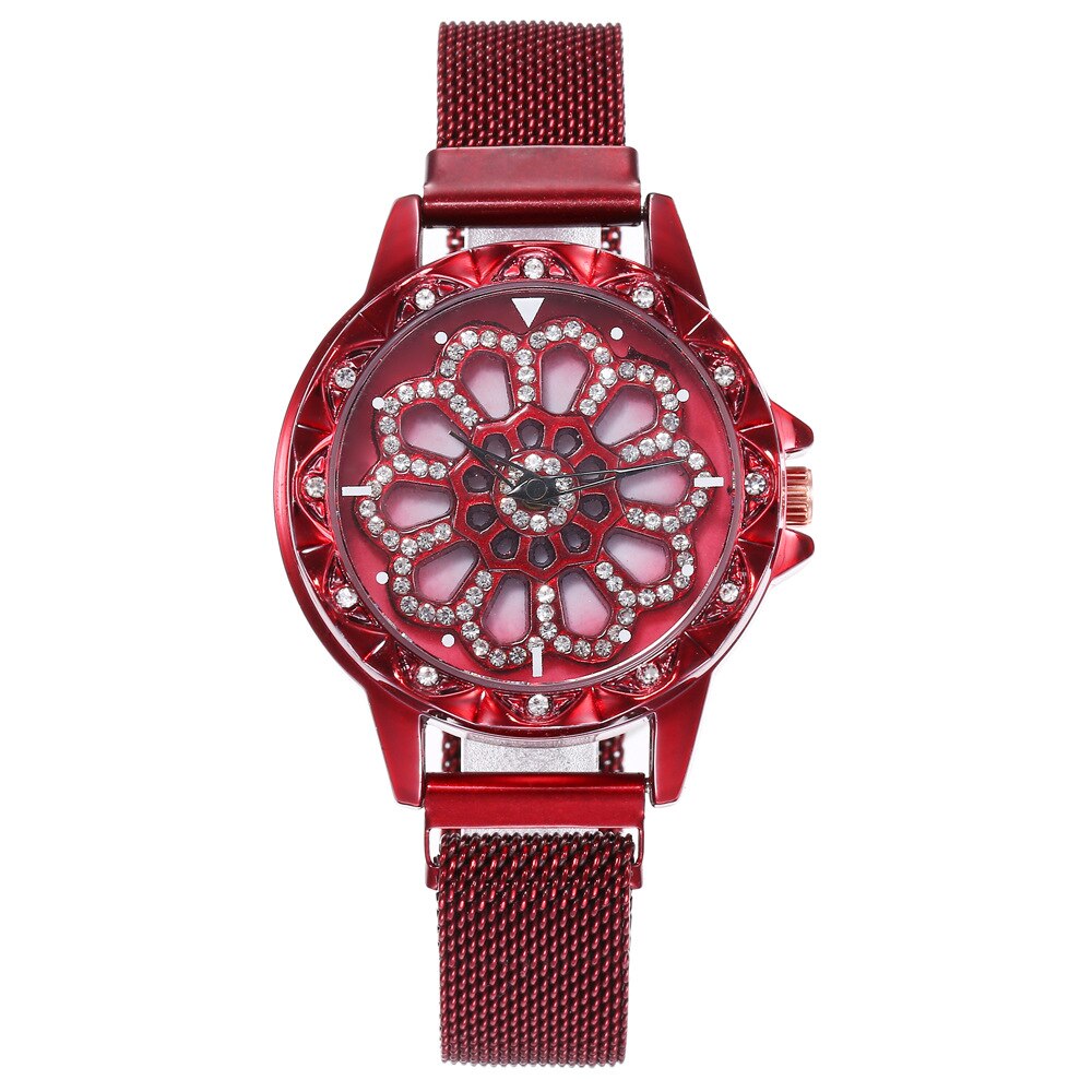 Horloge dames merk luxe 360 graden roterende diamant wijzerplaat horloges mesh magneet dameshorloge quartz klok relogio femino: Rood