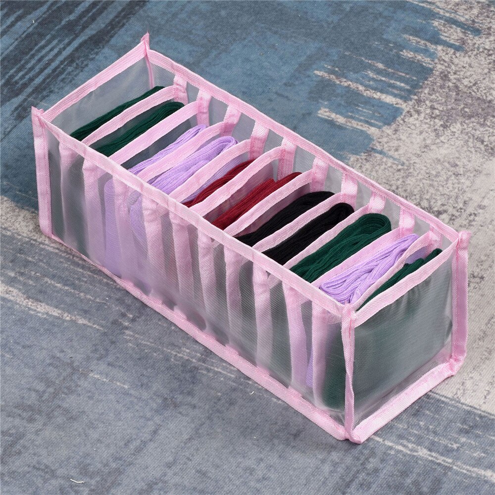 Underwear Storage Box Folding Dormitory Bedroom Wardrobe Finisher Nylon Tie Socks Drawer Organizer Separator Household Supply: 11Grids Pink