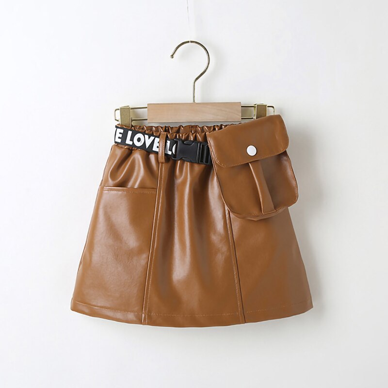 2-7 lat spódnica dla dziewczynek skórzana kieszeń elastyczna talia spódnica szkolna dziewczyny letnia spódnica dziecięca wszystkie mecze krótkie spódniczki dziewczęce: Brązowy / 4T-5T(110)