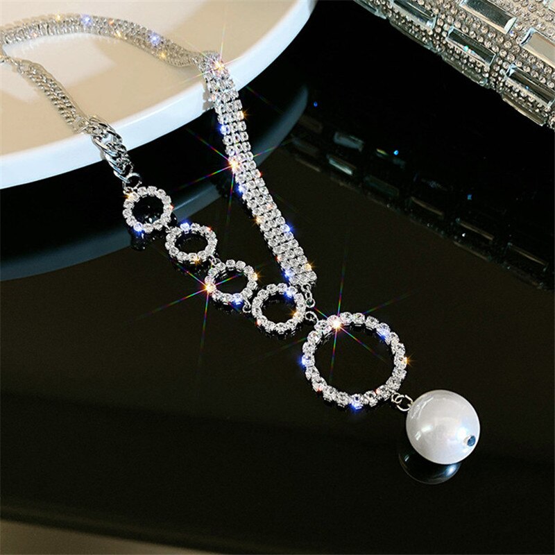 FYUAN Geometric Circle Rhinestone Choker Necklaces for Women Clavicle Chain Pearl Pendant Necklaces Weddings Jewelry Party