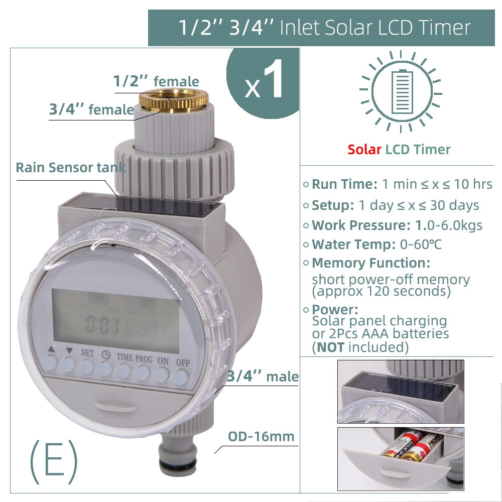 1PC Water Timer Rain Sensor Solar LCD Double Dial Ball Valve Controller Garden Watering Irrigation 1/2&#39;&#39;3/4&#39;&#39; Tap Joint Solenoid: E-1PC