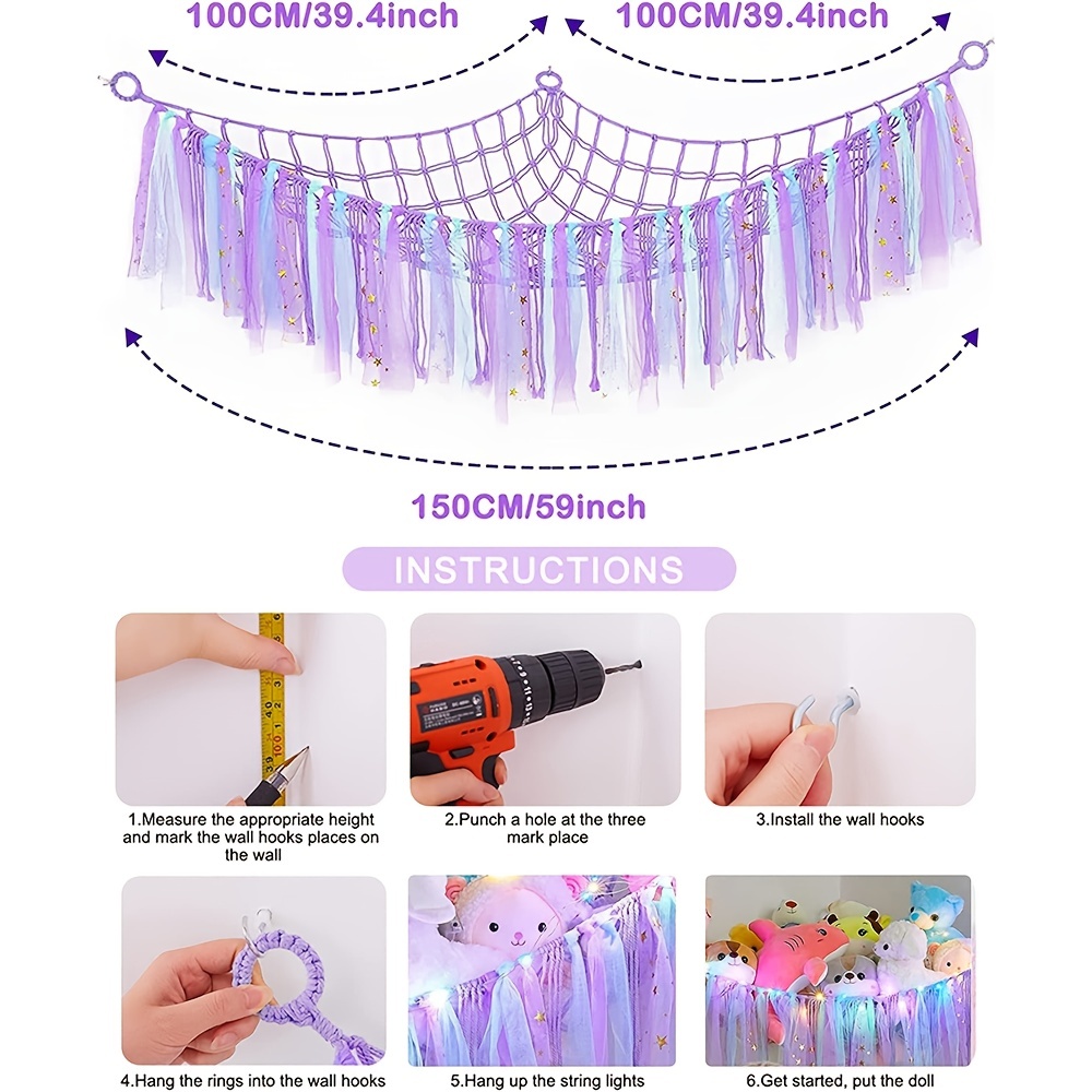 Hamac avec glands, filet de rangement pour animaux en peluche, support et jouet en peluche, filet suspendu d'angle doux fait à la main, support de jouet: Violet