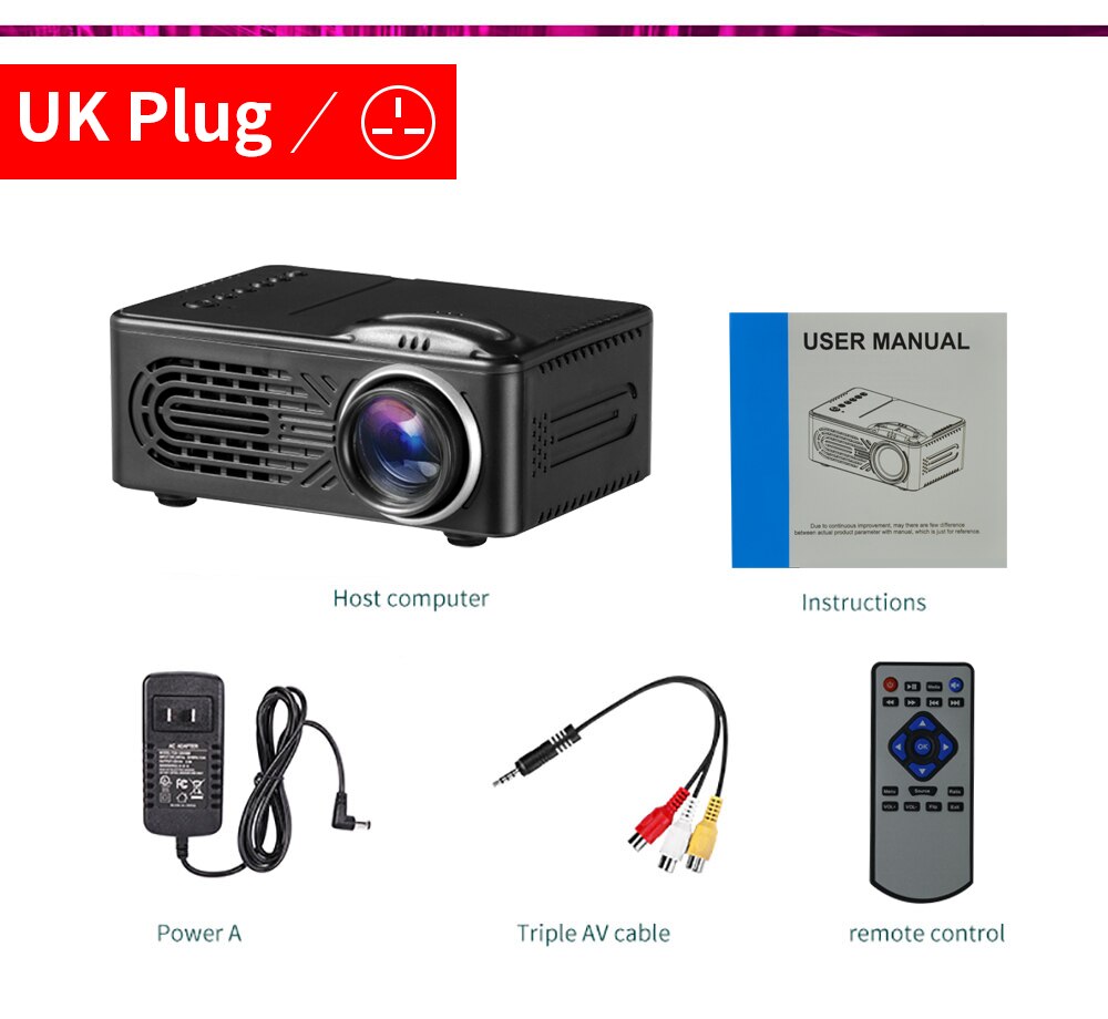 Veidadz 814 Mini Projector Ondersteunt 1080P Hd Afspelen Draagbare Led Projector Met Usb Ingebouwde Luidspreker Home Media speler: Black UK Plug