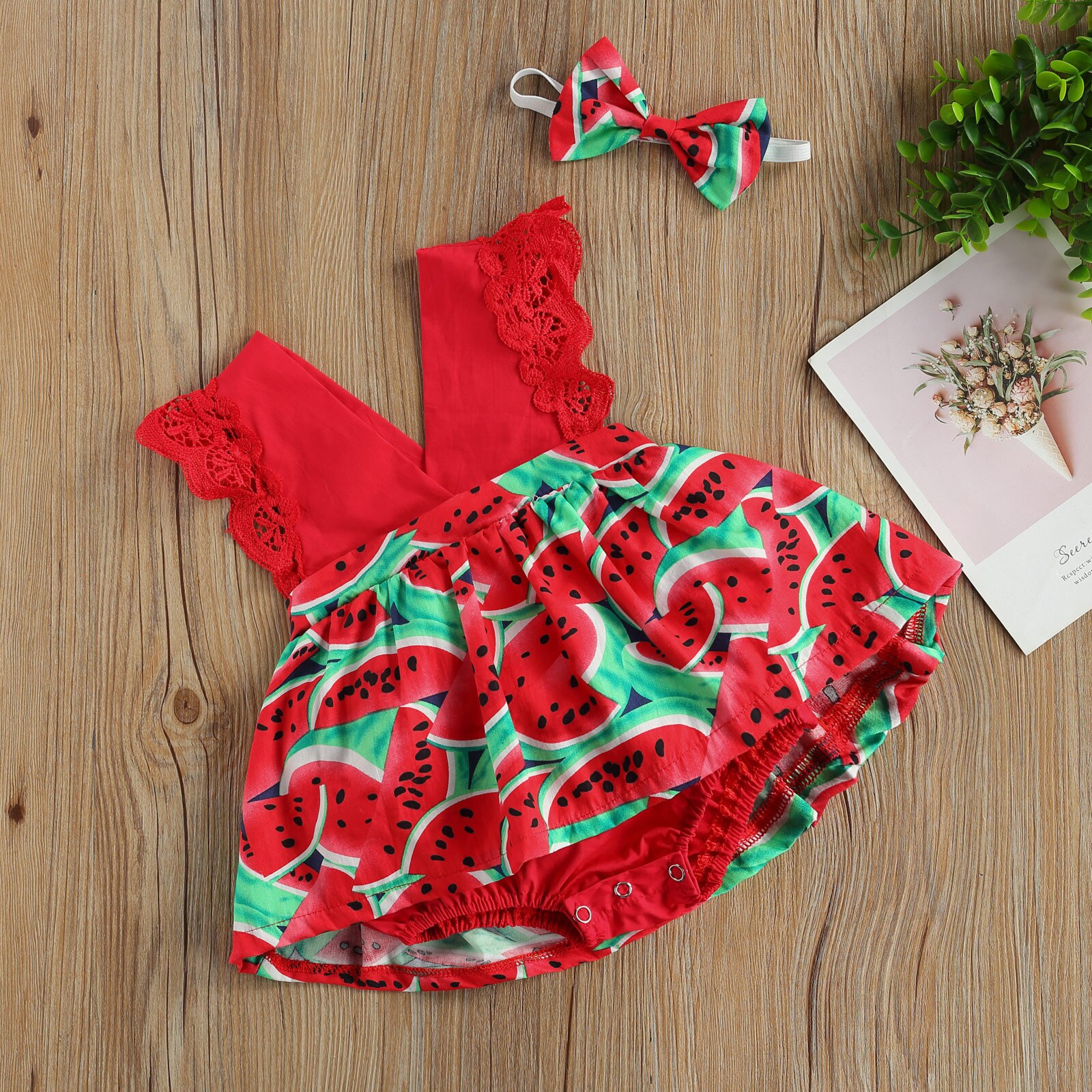 Conjunto de ropa con Estampado de sandía para bebé, Mono corto con cuello en V profundo sin mangas para niñas + Diadema con lazo