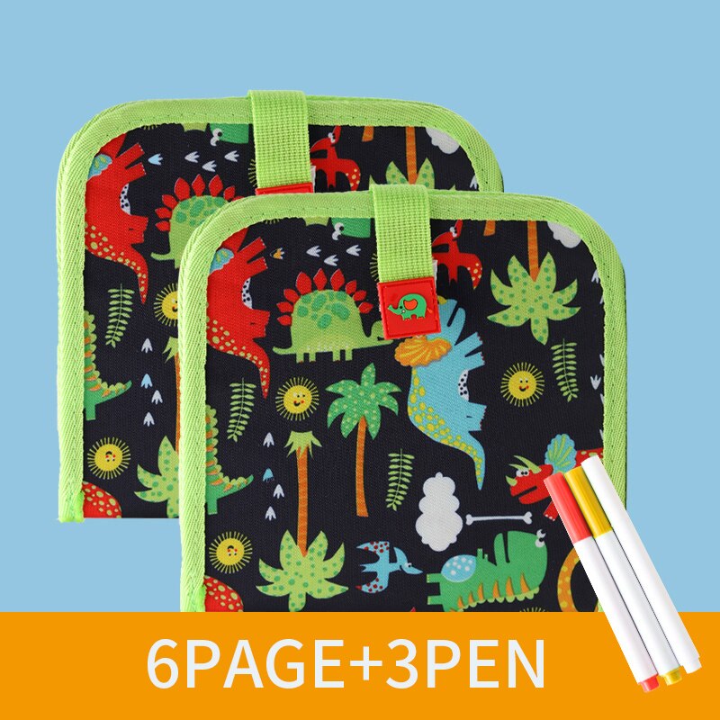 Kid Portable Painting Book Double-sided Erasable Drawing Book Animal Graffiti Writing Board Early Education Stationery Supplies: 6Page Dinosaur