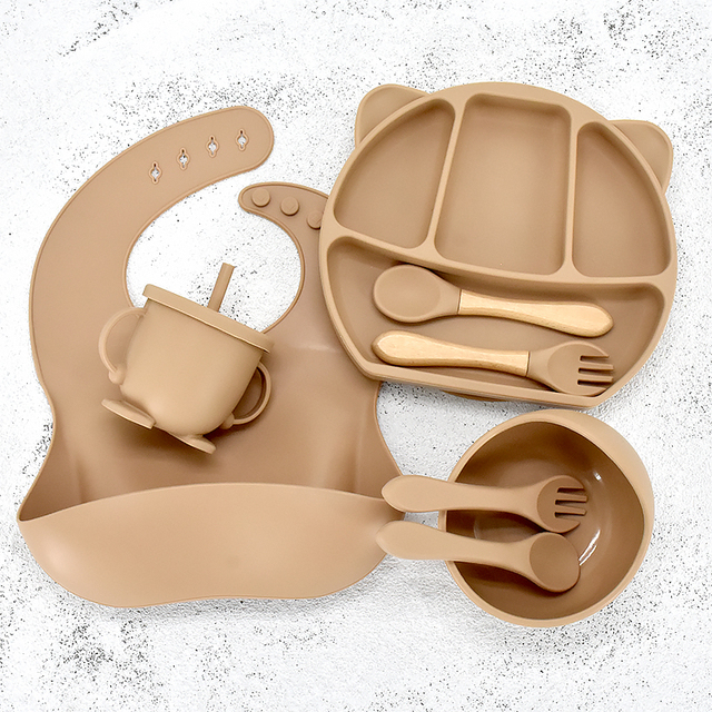 8PC Baby Silicone Sucker Plate Bowl Cup Spoon Fork Placemat Sets Food Grade Children&#39;s Compartment Training Dishes With Sucker: Panda Khaki