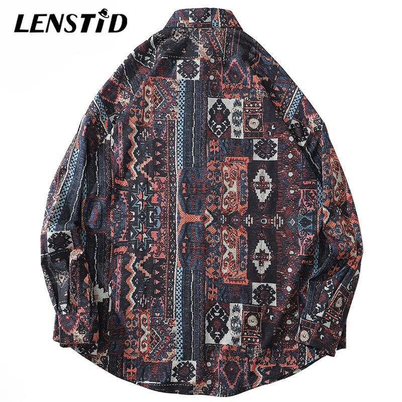 LENSTID Mens Hip Hop Hawaiian Beach Shirt Vintage Pattern Harajuku Streetwear Casual Long Sleeve Oversize Aloha Shirts