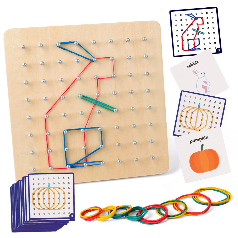 Coogam Houten Speelgoed Geoboard Wiskundige Manipulatieve Block-30Pcs Patroon Kaarten Geo Board Met Elastiekjes Stem Puzzel Voor Kinderen