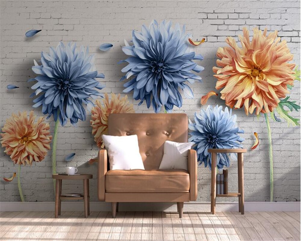Beibehang Mode muur papier eenvoudige 3D chrysant witte bakstenen muren nostalgische bloemen en bloemen TV achtergrond 3d behang