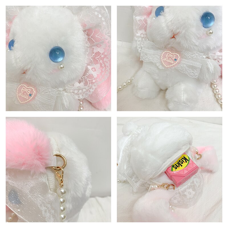 Bolso de conejo japonés Lolita para chica joven, bandolera suave con cadena de perlas, billetera