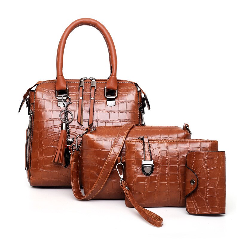 SMOOZA 4PS femmes sacs ensemble de luxe Crocodile femme sacs à main en cuir PU sacs à bandoulière gland Composite sacs sac de messager: Marron