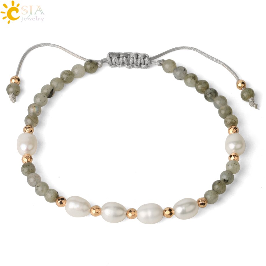 Csja Strand Armband 4 Mm Natuursteen Witte Parel Kristal Kralen Verstelbare Gevlochten Armbanden Voor Vrouwen Mannen Healing Sieraden G482: Labradorite