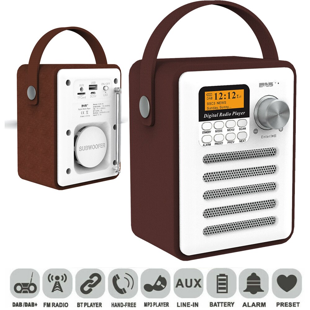 DAB Digital Radio Wood Retro Radio Audio Portable Rechargeable Bluetooth Music Player Support FM/TF Card/U Disk/Alarm Clock