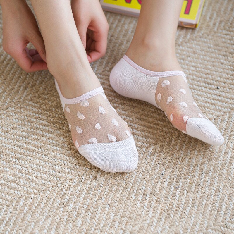 5 pairs of women's socks summer polka dot cute women boat socks breathable soft thin transparent ladies invisible socks