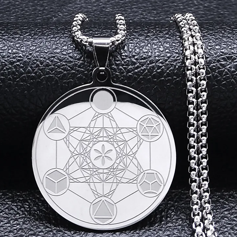Sacred Geometry Metatron Cube Angel Seal Archangel Necklace for Women Men Stainless Steel Flower of Life Lotus Chain Jewelry: Rhodium Plated